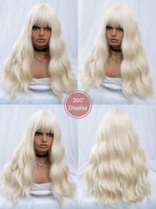 1-Piece Synthetic Heat Resistant Long Curly Wavy Hair With Bangs Wig Golden 24 Inch Fully Machine Woven Daily Natural Realistic Wig