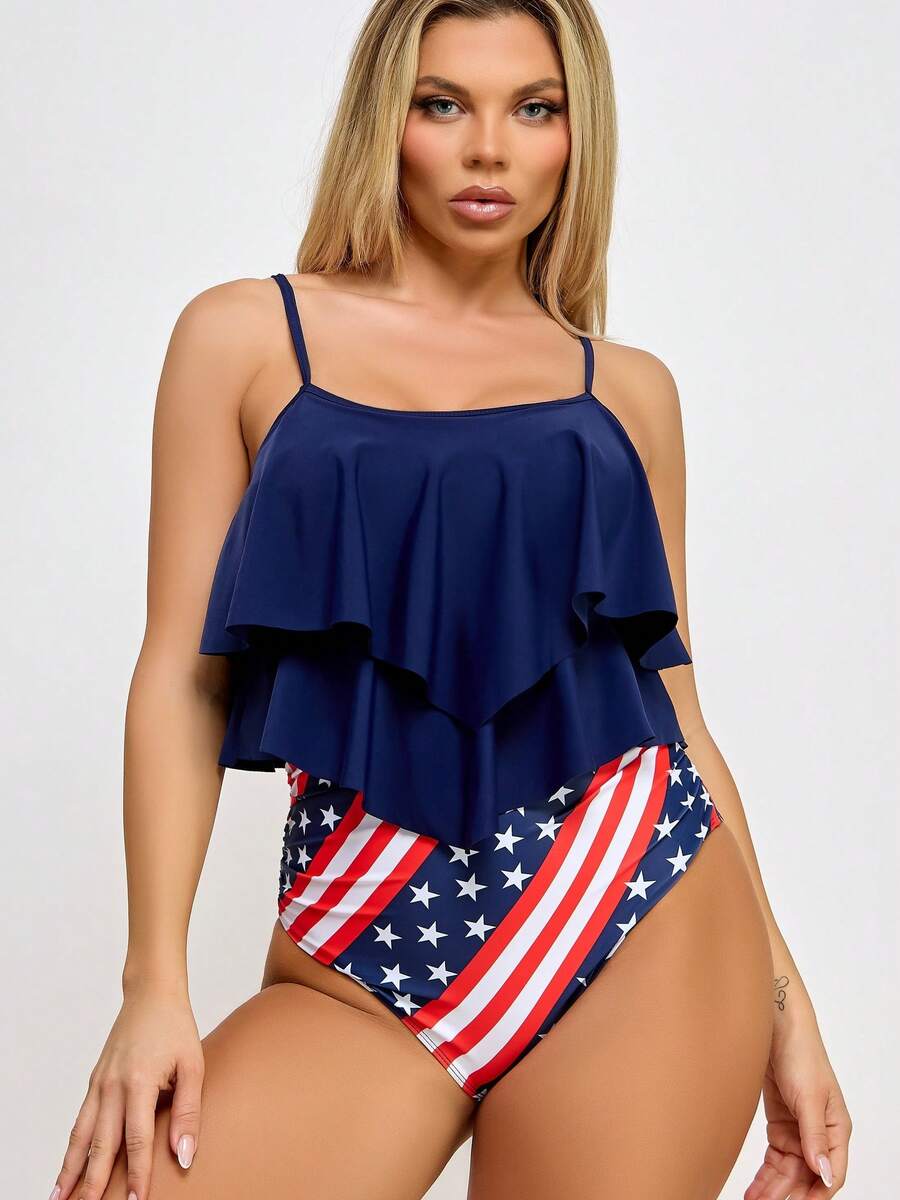 Patriotic Ruffle One-Piece Swimsuit – Flouncy Americana Flair - Swimsuits For Woman - Deer - View 1