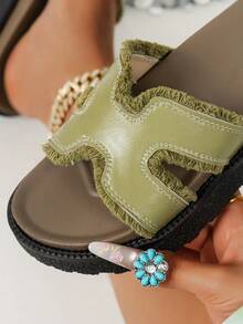 女士厚底防滑露趾拖鞋，休闲舒适一脚蹬凉鞋，适合夏季、沙滩和户外穿着 - 綠色 - 查看 6