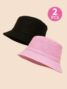 2pcs/Pack Kids Solid Color Printed Adjustable Sun Protection Breathable Casual Bucket Hat, Suitable For Outdoor Activities And Daily Use - Black+Pink - View 4