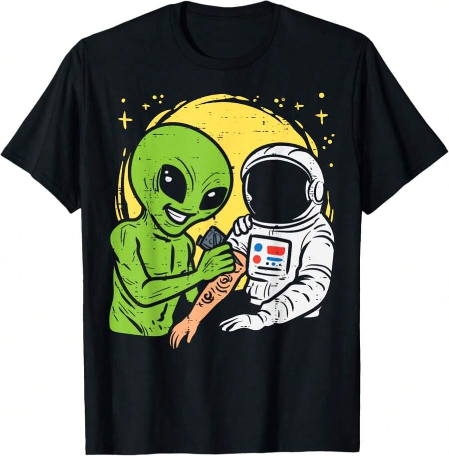 Astronaut Inking Alien Funny Space Galaxy Tattoo Men Women T-Shirt Gift For Boyfriend Luxury Gift For Her - Black - View 1