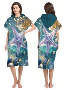 1pc Starfish & Shell Print Bowknot Cloak Wearable Bathrobe - Ultra Soft Microfiber Hooded Beach Pattern, Suitable For Men, Women, Couples - Beach & Home Decoration, Couple Capes | Microfiber Robe, Fits All Occasions Back To School - Multicolor - View 2