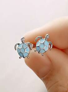 2pcs Copper Blue Oil Drop Sea Turtle Cute Fashionable Stud Earrings For Women