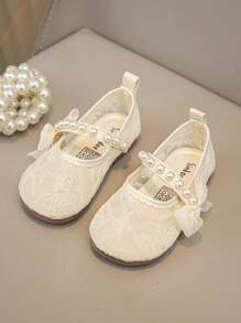 1 Pair Inexpensive Girls Princess Flats, Elegant Minimalist Design With Pearl, Bow, Embroidery Decor, Mesh Breathable Material, Soft & Comfortable, Suitable For Shorts, Skirts, Piano Performance, Spring/Summer/Autumn