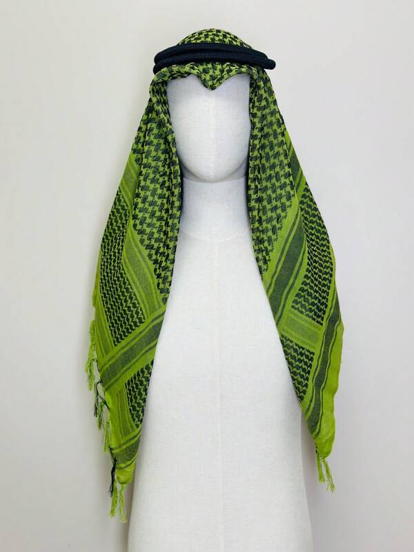 Fashion Avocado Green Fringe Versatile Scarf, Comfortable, Breathable, Quick-Dry, Suitable For All Seasons, Plaid Pattern, Polyester