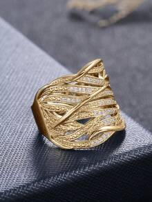 1枚优雅立方氧化锆戒指，女士情人节礼物，适合婚礼、订婚、周年纪念、派对等场合 - 金黃色 - 查看 5