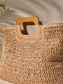 Tropiscape Summer Going Out Straw Bag Boho Style Woven Tote Bag Handmade Braided Bag For Travel Vintage Straw Handbag,Women's Woven Summer Bag,Knitted Tote Bag For Minimalist Large Capacity Straw Bag Beach Autumn Winter Gifts - Khaki - View 3