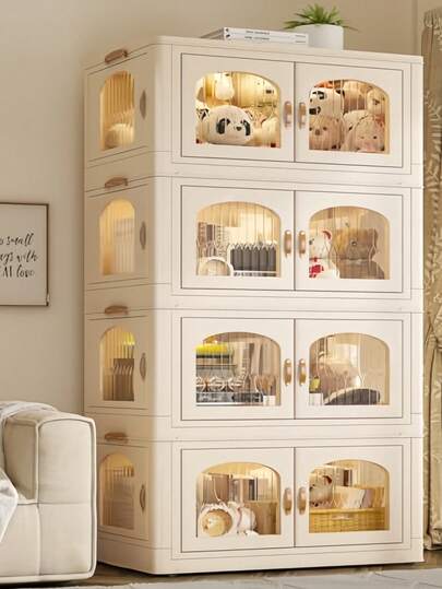 白い透明窓付きワードローブ収納キャビネット、収納棚、コートラック、シューズラック、ブックケース、取り外し可能、折りたたみ式、多機能、リビング、書斎、寝室、寮、ホリデーギフト、収納、バレンタインデーの部屋の装飾、バレンタインデーのギフトとして自由に組み合わせることができます