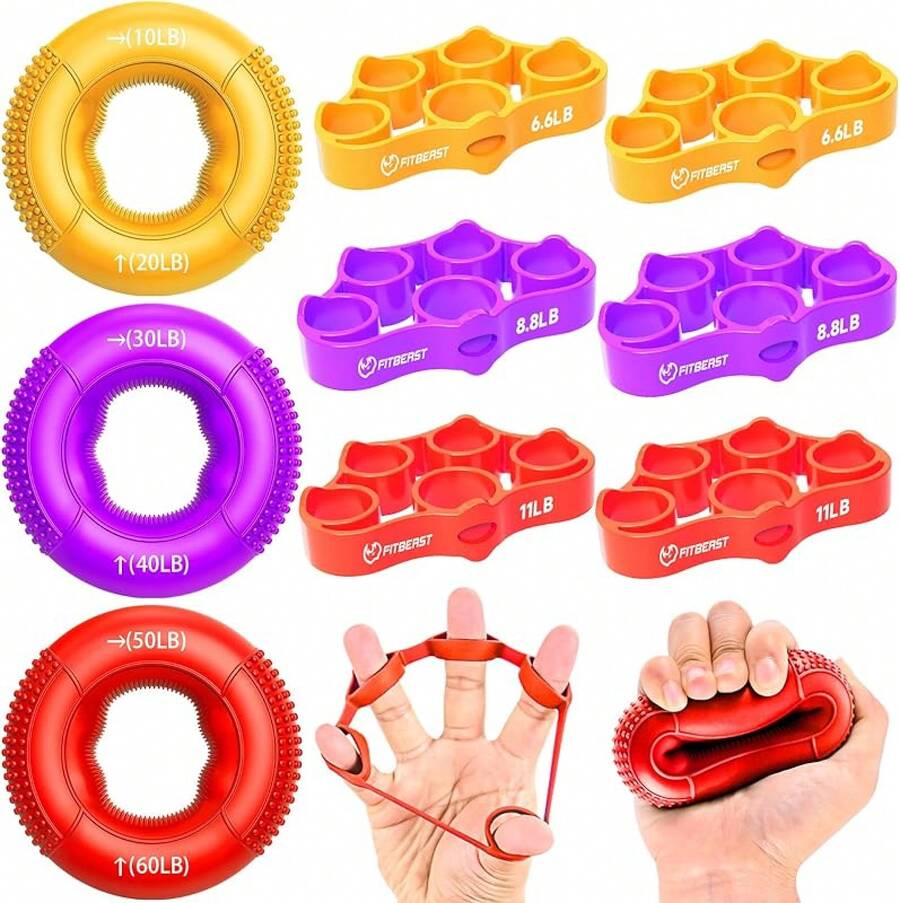 Grip Strength Trainer, Finger Exerciser, Forearm Strengthener 9-Piece Kit, Hand Grip Strengthener Targeted Strength, Relief & Recovery - 紅色 - 查看 1