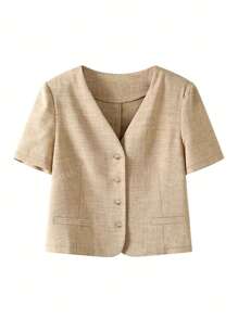 Blazer corto casual da donna bicolore, lavorato a maglia, monopetto, a maniche corte, adatto per primavera e estate