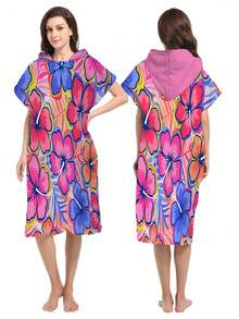 1pc Colorful Floral Print Wearable Hooded Poncho - Ultra Soft Microfiber Beach Pattern, Suitable As Gift For Men, Women, Couples - Beach & Home Decor, Couples Robe | Microfiber Bathrobe, Suitable For All Occasions - Multicolor - View 3