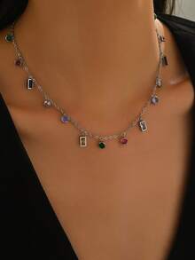 1 件时尚水钻装饰不锈钢彩色吊坠项链，精致百搭的奢华颈链，适合女士 - 銀色 - 查看 4