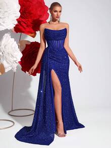ADYCE Sequin Bandeau Hollow Out High Waist Long Tie Side Split Backless Party Evening Dress Sequin Tie Front Top - Xanh đậm - Xem 7