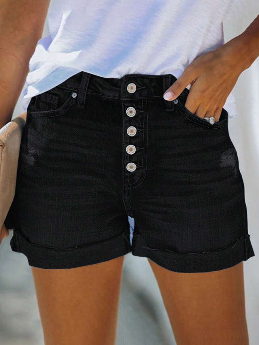 Women's Casual Distressed Button Up Denim Shorts - Black - View 1