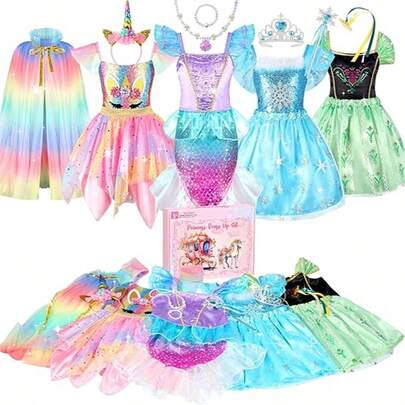 LIMIROLER 5 Theme Princess Dress Up, Princess Dress Up Clothes For Little Girls:, Princess Cosplay Costume, Princess Mermaid Costume, Role Play Costume For Girls, Girls Birthday Christmas Halloween Toys Gifts With Jewelry