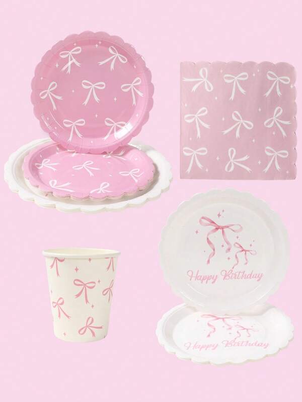 40pcs/Set Pink Bow Theme Tableware Set, Cute Pink Bow Birthday Party Tableware Decorations, Pink Bow Theme Party Disposable Food Containers, Holiday Celebration Tabletop Paper Decorations, Babe Shower Decorations, Gender Reveal Decorated Food Trays, Pink Party Disposable Drink Cups, Outdoor Picnic Camping Disposable Tableware Set, Kitchen Cake Tray, Party Favors, Includes 8pcs 7&9 Inch Plate & 8pcs Paper Cup & 16pcs Napkins