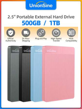 UnionSine 500GB/1TB 可爱马卡龙粉色便携式硬盘 - USB 3.0 HDD，适用于旅行办公、照片存储和游戏备份 | 超轻设计 | 即插即用，可与 PC//笔记本电脑连接
