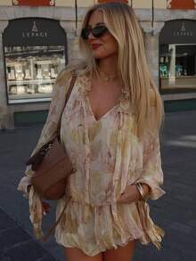 Đầm nữ mùa hè thời trang mới đơn giản thiết kế nơ buộc dây in họa tiết thường ngày Đầm ngắn tay dài nhiều lớp thanh lịch cho nữ - Rượu sâm banh - Xem 3