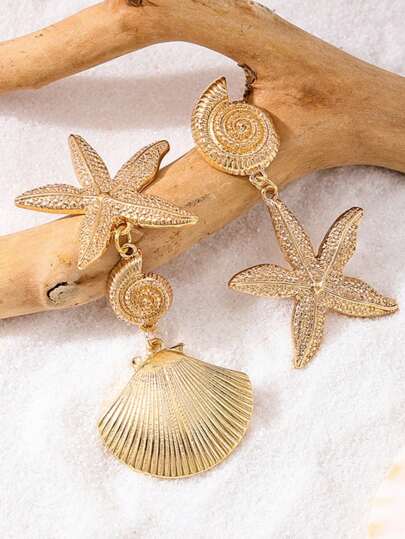 1 Pair Asymmetric Shell & Starfish Design Earrings, Ocean Vacation Style For Women