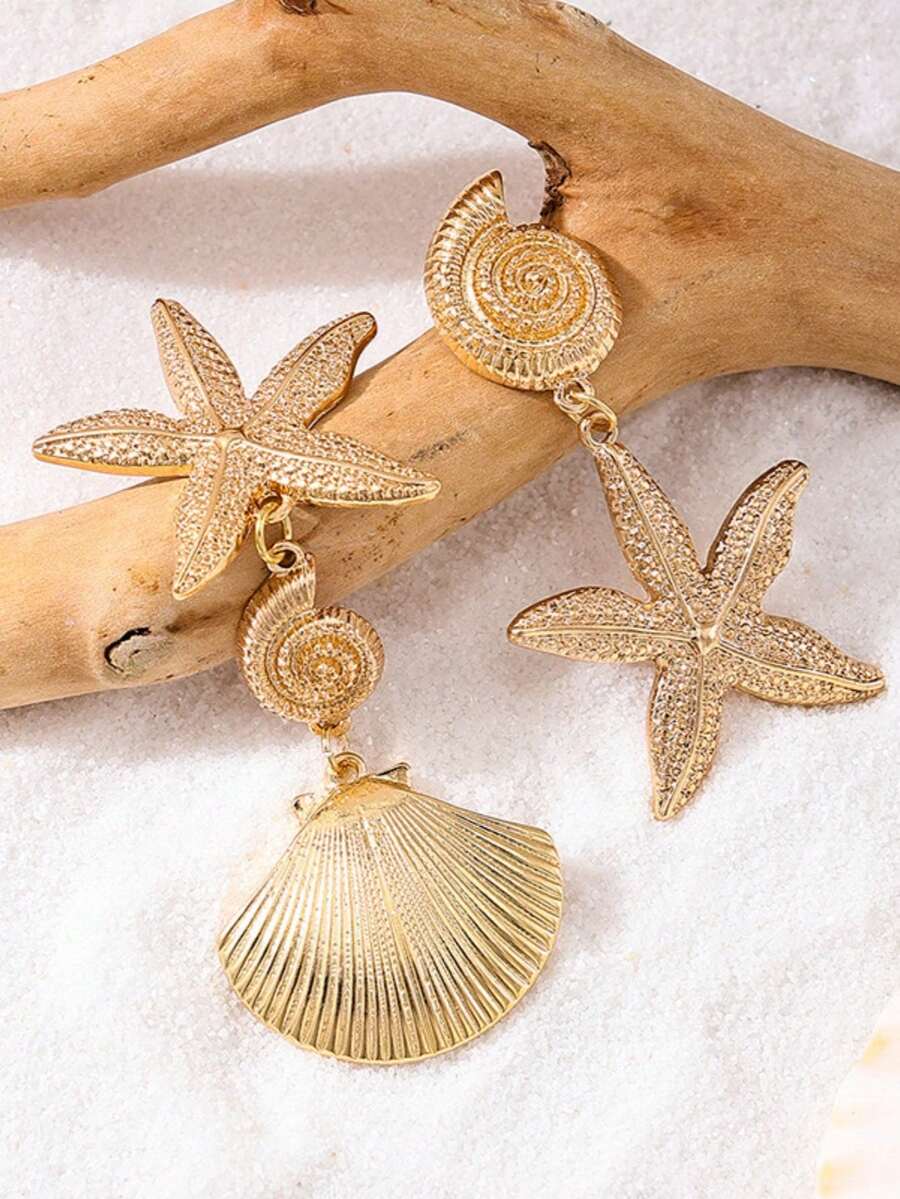 一对不对称贝壳和海星设计耳环，女士海洋度假风格