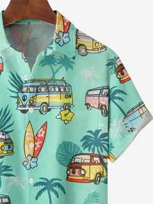 Hawaiianisches Kokosnussbaum- & Surfprint-Hemd mit Knöpfen und kurzen Ärmeln für Herren