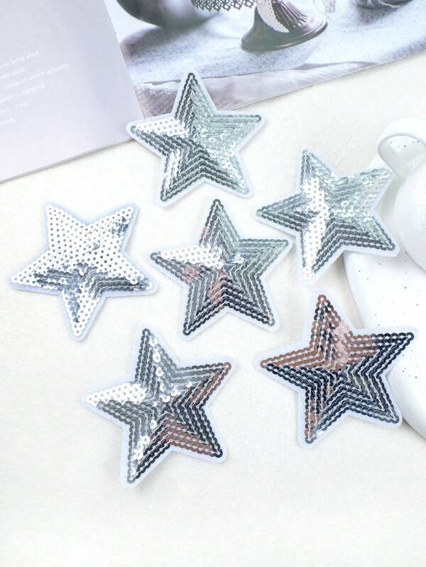 6pcs Silver Glitter Star Shaped Cartoon Style Embroidered Sew-On Patches, DIY Crafts Suitable For Clothes, Shoes, Hats, Bags