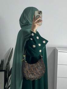 1pc Nida Fabric Single-Piece Women's Abaya With Embroidered Small Chrysanthemum Cuffs, Suitable For Spring, Summer And Autumn - Multicolor - View 2
