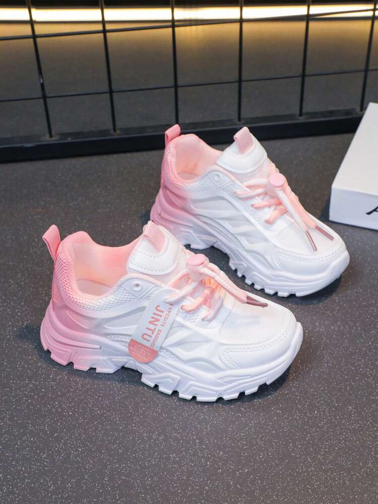 1 par de zapatos deportivos casuales de moda para niñas, de color degradado en PU, zapatos deportivos personalizados, adecuados para uso diario, escuela, deportes, todas las estaciones (estampado aleatorio, pintura en aerosol) - Rosa - Añade 3