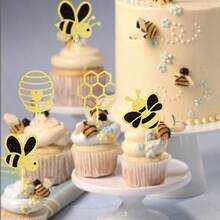 24pcs Bumble Bee Cup Cake Toppers -Baby Shower Decoration-Birthday Decoration- Gender Reveal Decor-Party Supplies-Wedding Decor- Festival Birthday Party Cake Decorations & Premium Supplies, Back To School Valentine Day Father's Day Graduation - Multicolor - View 5