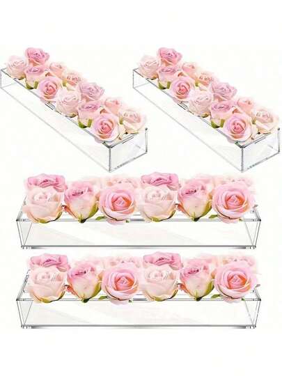 1 件矩形亚克力花瓶，用于中心装饰、水培花盆、长花瓶、玫瑰透明矩形盒式托盘、现代花艺布置，适用于婚礼和家居餐桌装饰