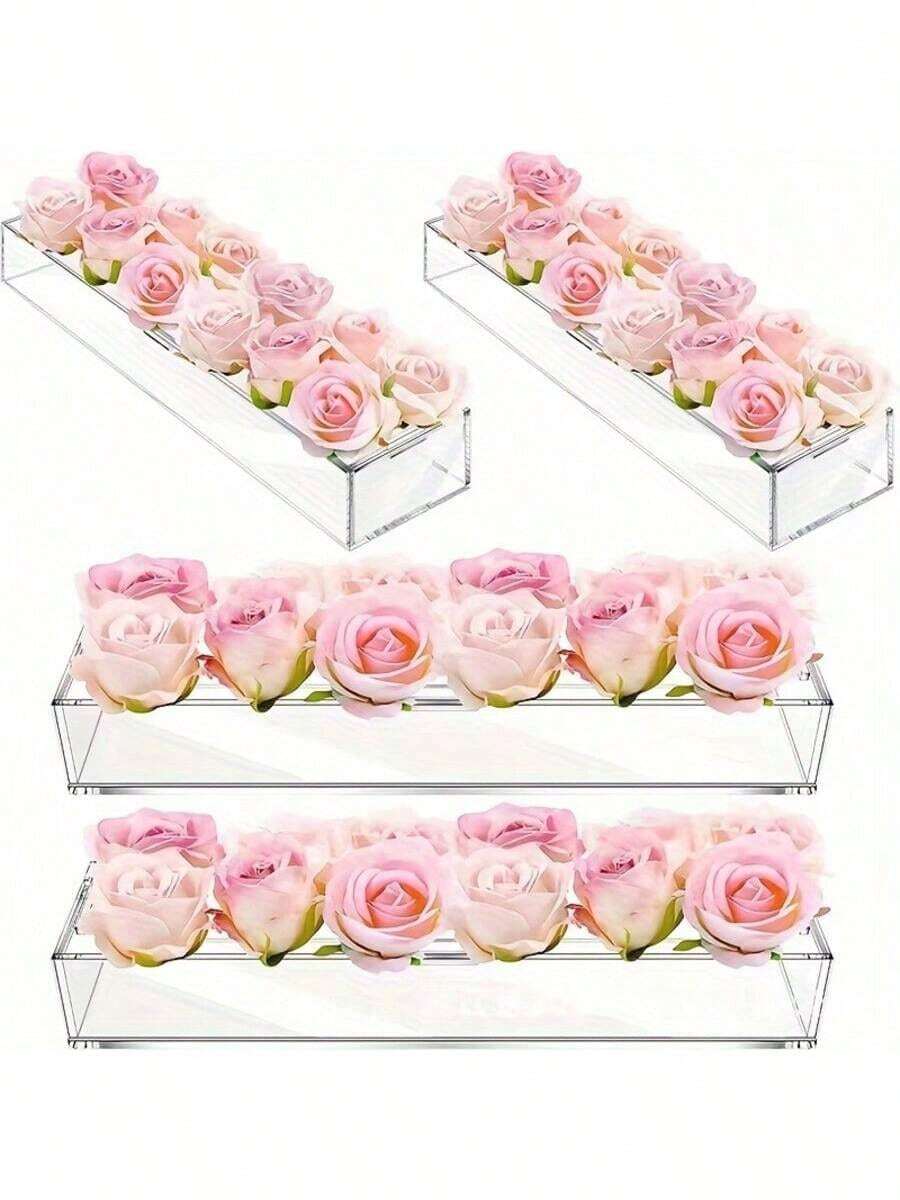 1pc Rectangular Acrylic Vase For Centerpiece Decor, Hydroponic Flower Pot, Long Flower Vase, Transparent Rectangle Box Tray For Roses, Modern Floral Arrangement For Wedding & Home Table Decoration