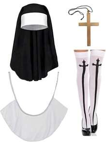 4pcs Nun Costume Accessory Set - Nun Costumes Include Headbands, Collars, Cross Necklaces And Women's Socks - Suitable For Women, Role-Playing Parties And Themed Party Balls