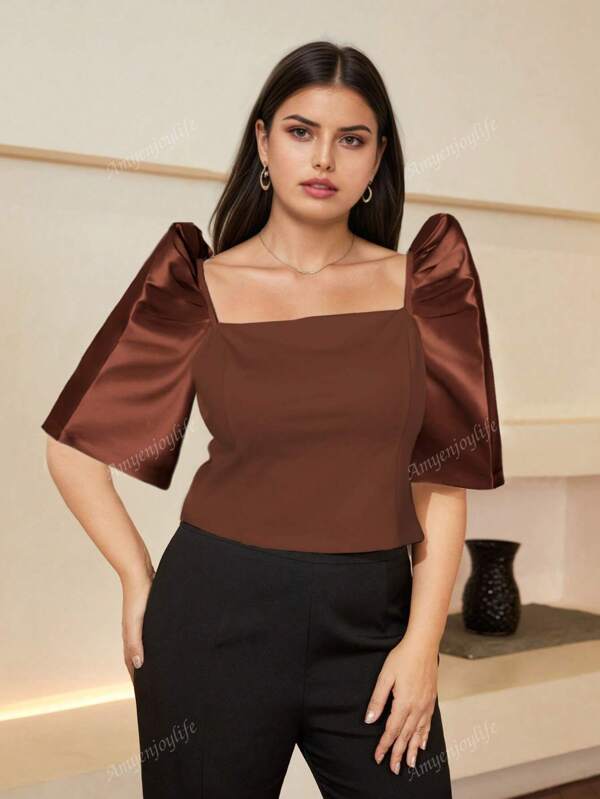 Plus Size Women Elegant Jacquard Splice Puff Sleeve Top