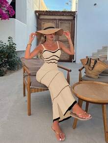 Vestido de playa de verano tipo cubrecosturas para vacaciones de mujer - Vestido de punto de tirantes con diseño de ondas a rayas en blanco y negro, elegante traje de baño, suéter ligero- Conjunto de vestidos maxi sin mangas de cuello cuadrado, combinados con vestido midi trenzado de tirantes tipo cola de pez, para primavera, verano, otoño e invierno - Caqui - Ver 6