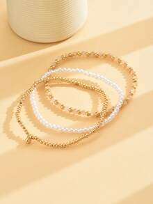 3pcs Bohemian Style ABS Faux Pearl Plastic Beaded Elastic Rope Anklet, Versatile Multi-Color Beach Vacation Retro Anklet Set, Summer Anklet - Gold - View 5