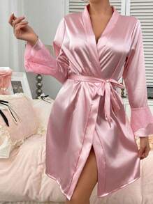 1 pieza Bata de casa negra de manga larga casual, cómoda y transpirable, sexy con lazo, Bata de casa para las cuatro estaciones: verano, otoño, invierno. Vuelta al colegio