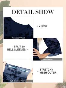 CheersLife Women Dressy Blouse V Neck Double Layers Elastic Mesh Casual Flowy Work Shirts Ruffle 3/4 Flared Sleeve Tunic Tops - Royal Blue - View 5