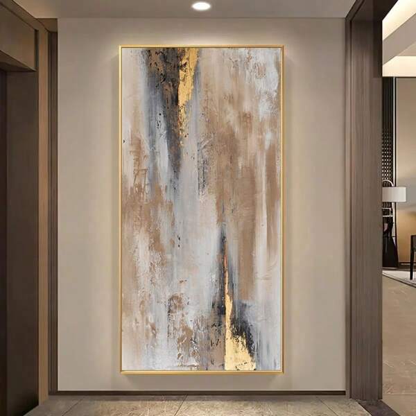 1 pezzo Opera d'arte su tela astratta moderna con texture dorata, decorazione da parete senza cornice per soggiorno e camera da letto, finitura metallica grigia e beige, decorazione per la casa in stile minimalista