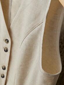Women's Summer Dual-Color Faux Linen Sleeveless Single-Breasted Short Blazer - Beige - View 6