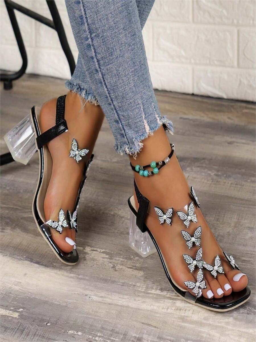 Sandalias para Mujer Moda de Tacón Alto, Huaraches para Dama Elegante de Tacón Alto de Mariposa con Diamantes de Imitación, Tacones Altos de Verano, Cómodos y Transpirables, Diseño Avanzado, Opción de Alta Calidad para que las Mujer Seguras Combinen con su Ropa