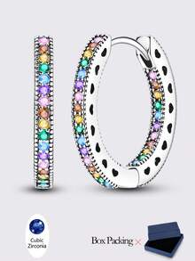 925 Sterling Silver Women's Hoop Earrings With Colorful Cubic Zirconia, Hypoallergenic High Quality Classic Elegant Jewelry Gift, Suitable For Daily, Party, Banquet - Silver - View 14