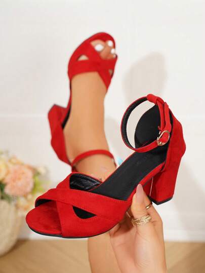 2025 Spring/Summer New Arrival Women's Sandals, Criss-Cross Strap French Toe Sexy Black Thick Heel Mid Heel Ankle Strap Fashion Versatile High Heels, Red Bridal Shoes