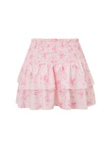 Pink Floral Boho Mini Skirt For Women Tiered Layered Polyester Skirt With Shirred Detail And Ruffle Hem - 粉色 - 查看 7