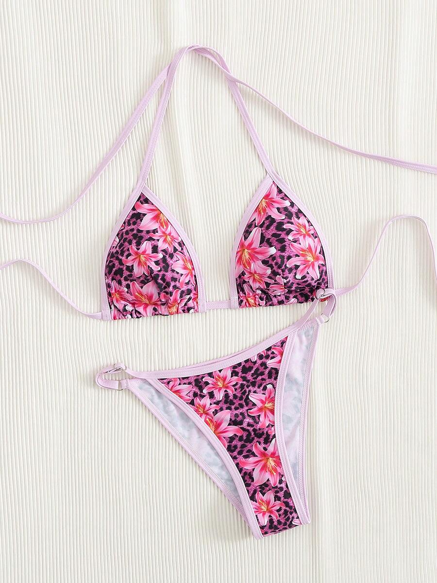 Spring Break Women's Random Print Spaghetti Strap Sexy Bikini Swimwear Sets, Summer Outfits - Dusty Pink - View 1