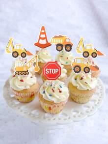 14 pezzi Decorazioni per torte a forma di veicoli da costruzione, decorazioni per cupcake a tema costruzione, segnali di stop, camion ribaltabili, escavatori, trattori per torte di feste, stuzzicadenti decorativi, decorazioni per feste a tema costruzione, forniture per feste di compleanno
