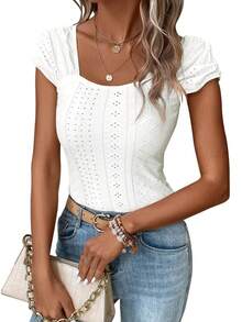 Womens Square Neck Tank Top Eyelet Cap Sleeve Slim Fit Backless Tee Going Out Summer Tops - 白色 - 查看 5