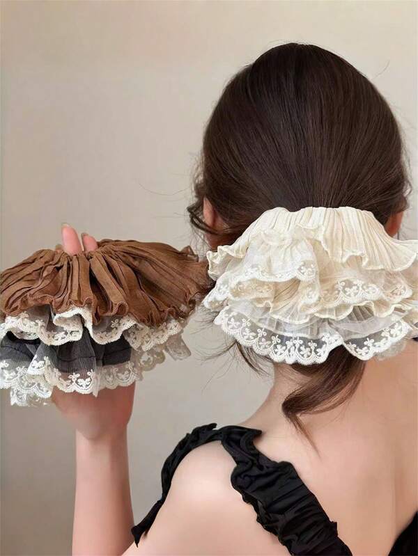 1pc/3pcs Women Elegant Solid Color Pleated Double-Layer Lace Ruffle 28cm Super Large Hair Scrunchie, Suitable For Ponytail, Bun, Hairstyle Decoration, Matching Dresses, Daily Wear, Bohemian Style, Casual ,Hair Ties