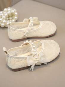1 Pair Inexpensive Girls Princess Flats, Elegant Minimalist Design With Pearl, Bow, Embroidery Decor, Mesh Breathable Material, Soft & Comfortable, Suitable For Shorts, Skirts, Piano Performance, Spring/Summer/Autumn