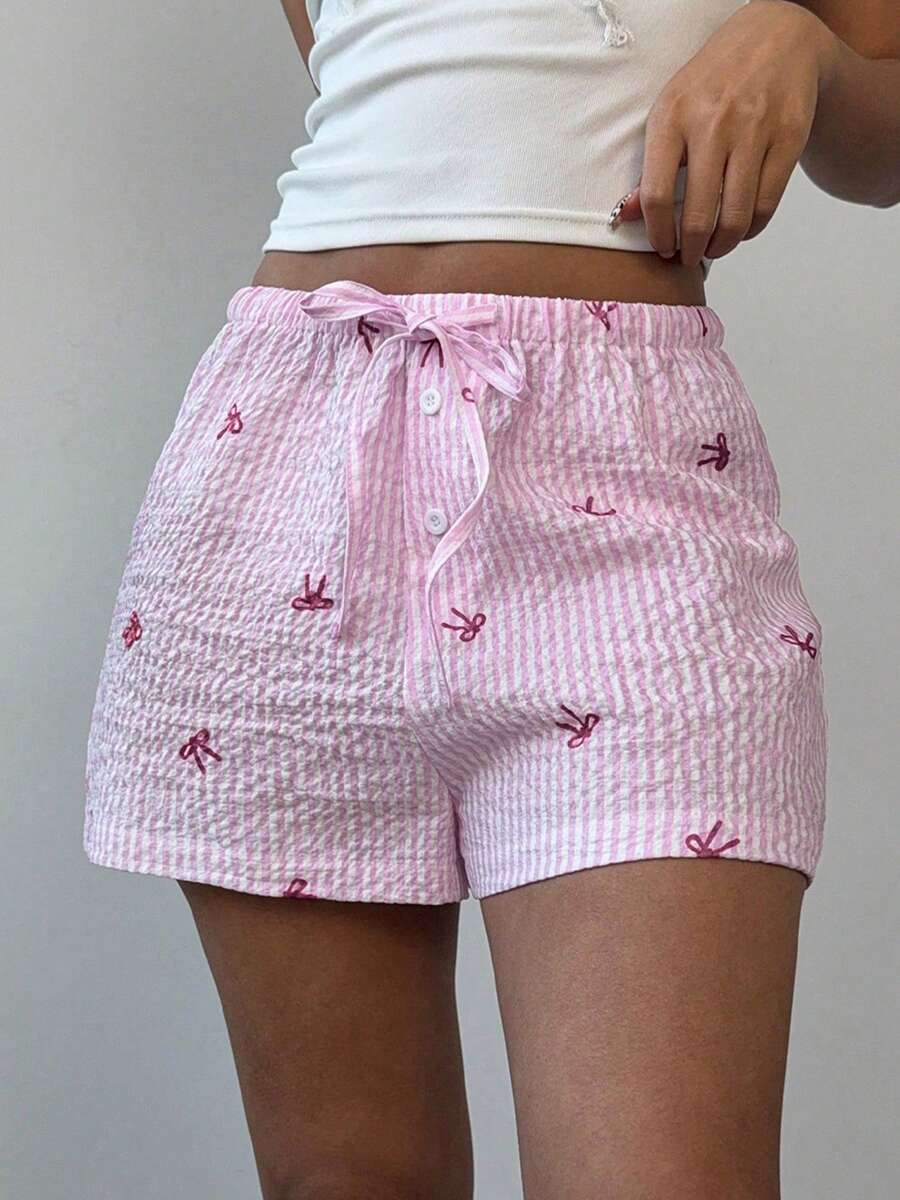 Womens Low Rise Shorts Casual Elastic Waist Bow Stripes Print Loose Shorts Going Out Shorts - Pink - View 1