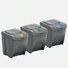 Set Of 3 25L Stackable Recycling Bins, Food Waste Recycling, Storage Bin With Lid, Recycling Bin, Storage Box With Stickers, Household Waste Sorting Bin, Kitchen Trash Bin With Lid - Grey - View 3